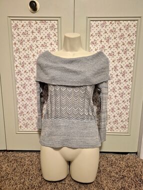 Takara Light Gray Shimmery Off-the-Shoulder Knit Sweater Size M